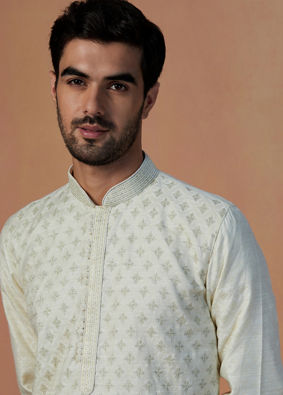 alt message - Manyavar Men White Self Design Kurta Pajama image number 0